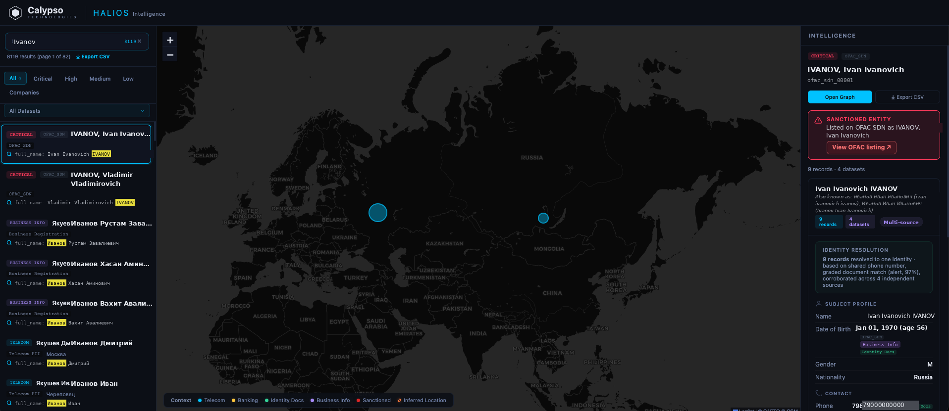 Halios search dashboard showing a cross-language query and a resolved sanctioned entity